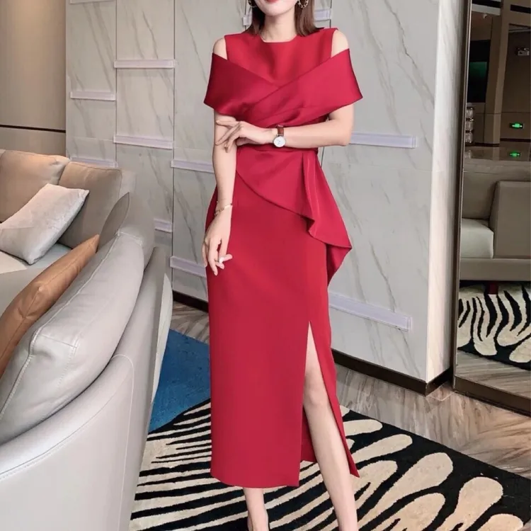 ZEROYK高端名媛气质礼服裙露肩开叉高腰显瘦一步裙设计感连衣裙女