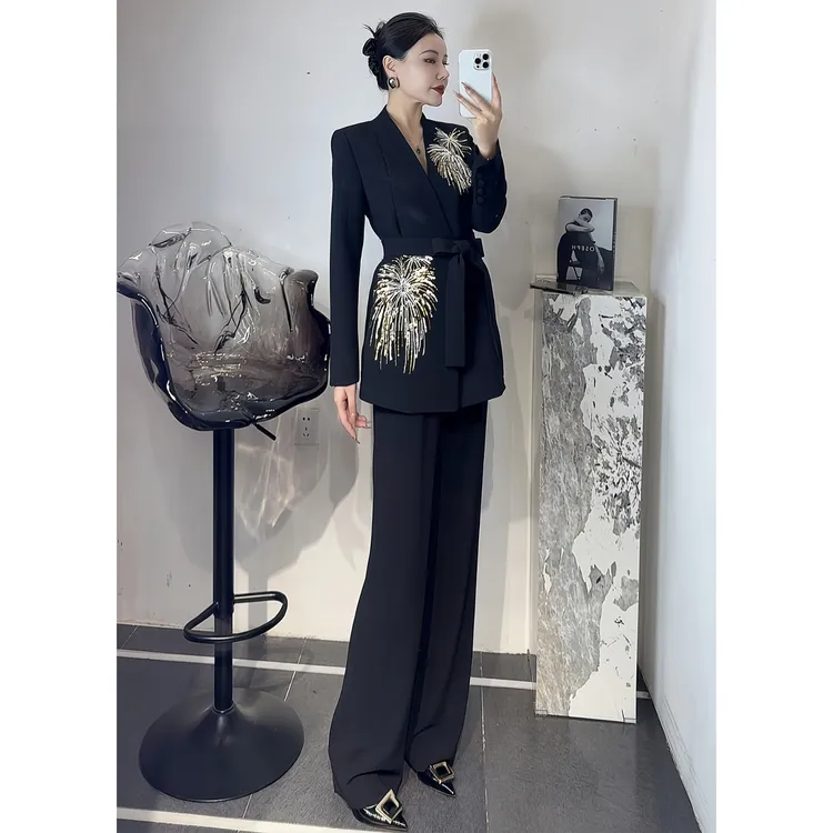 ZEROYK高定女士西装套装设计感烟花钉珠绑带西服阔腿裤时髦两件套