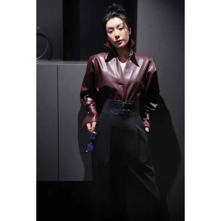 ZEROYK高定职业女装秋冬新款气质女神范PU皮衬衫高腰阔腿裤两件套