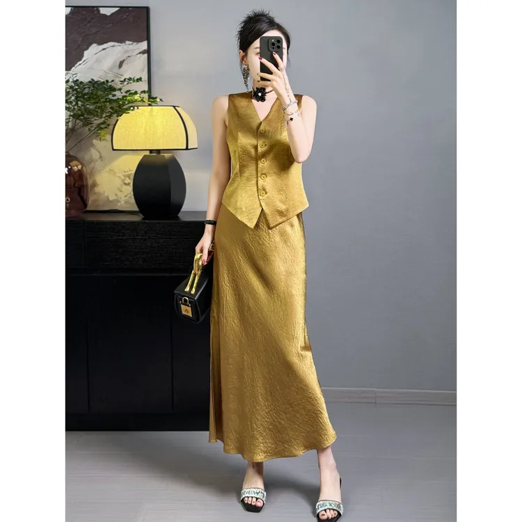 ZEROYK欧货高端女装2025秋季新款设计感醋酸西装马甲半身裙两件套