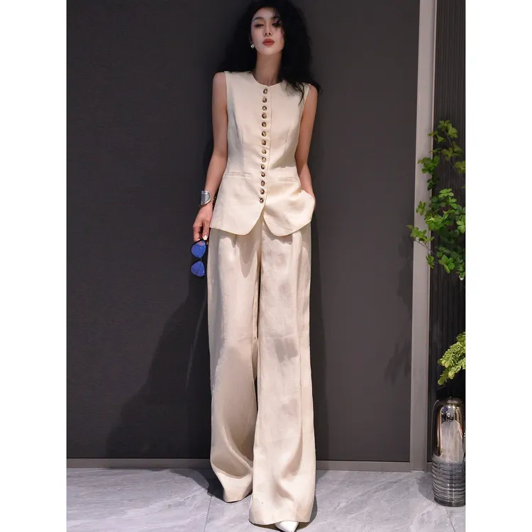 ZEROYK高级感亚麻套装夏季单排扣纯亚麻西装马甲裤子两件套