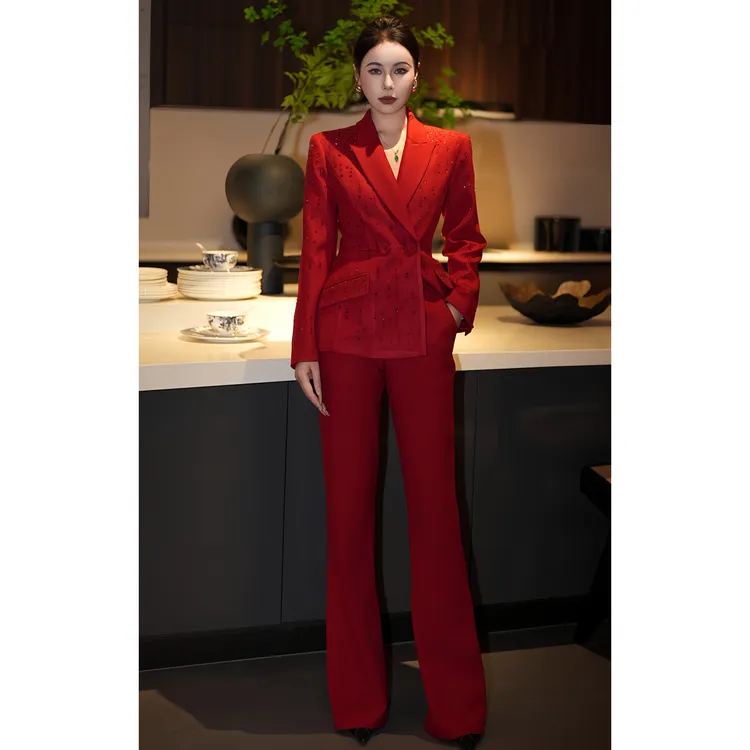 ZEROYK高定职业装2025秋季新款女神范气质满身烫钻西装长裤两件套