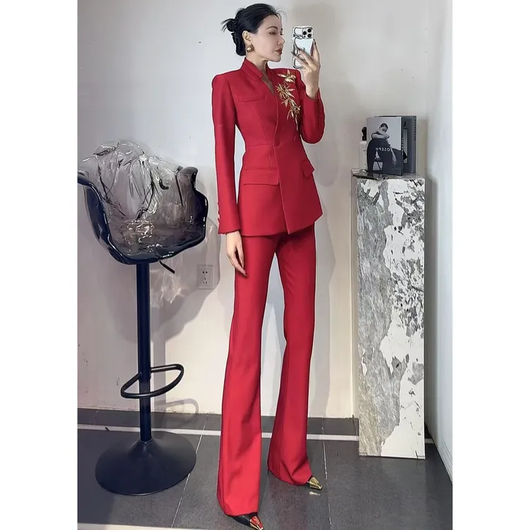 ZEROYK秋冬女士职业装高级感富贵竹重工钉珠西装微喇裤气质两件套