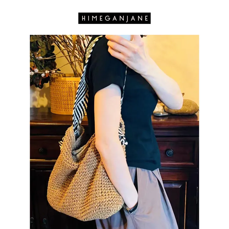 HIMEGANJANE ins环保草编包 纸草手工编织单肩包手提包3733