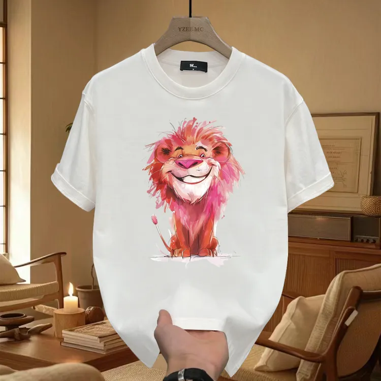 狮子图案痞帅青少年夏季短袖男士宽松潮半袖T恤男生港风体恤D346