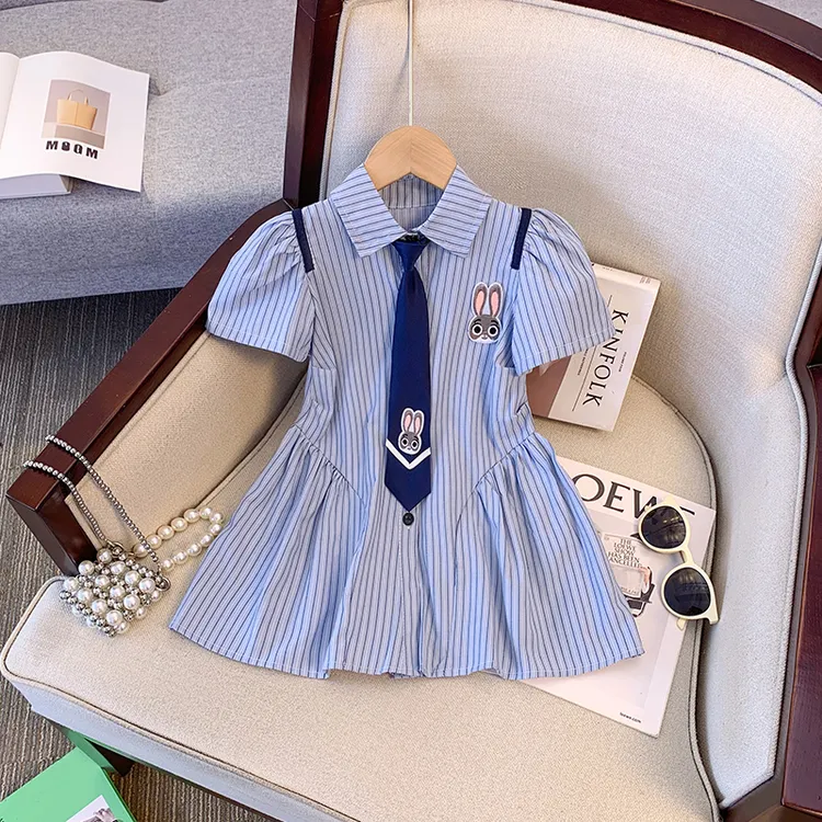 女童2024新款学院风连衣裙兔子警官条纹裙子女宝宝夏装衣服L55263