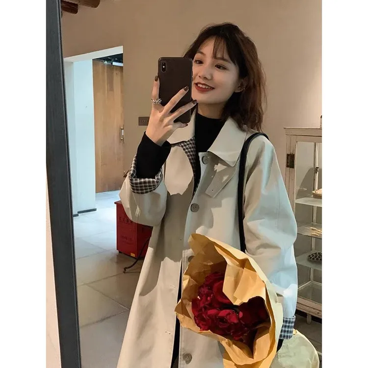 风衣外套女小个子中长款2024春秋新款英伦风时尚翻领格纹拼接大衣