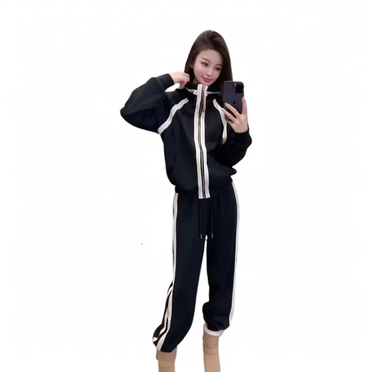 欧洲站加绒休闲套装女2024秋冬新款时尚洋气外套高腰束脚裤两件套