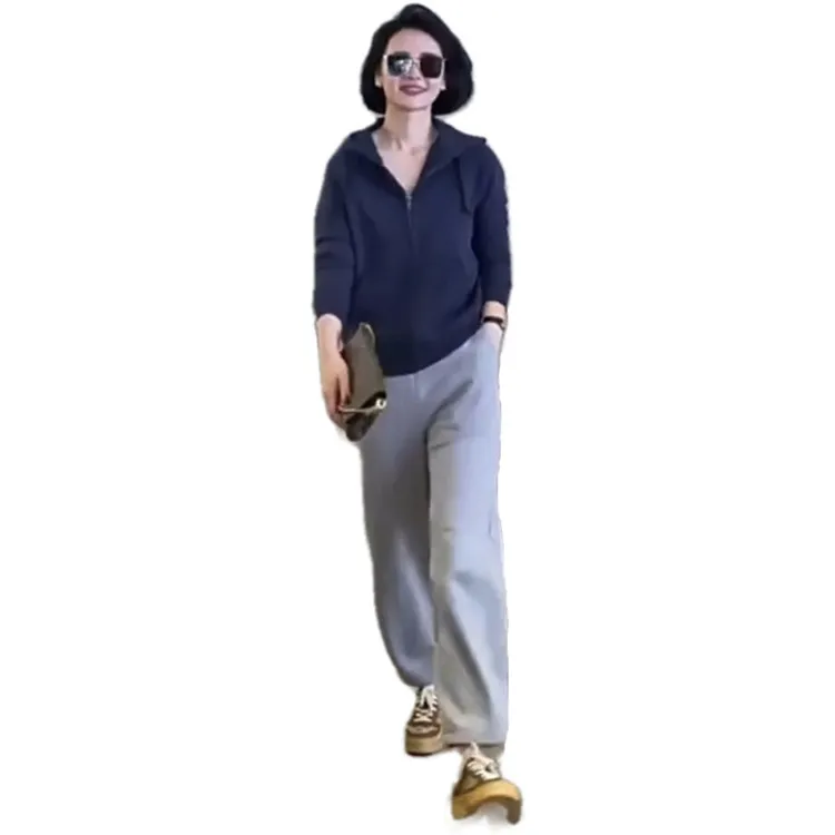 时尚洋气减龄套装女2025春秋新款开衫连帽外套宽松百搭裤子两件套