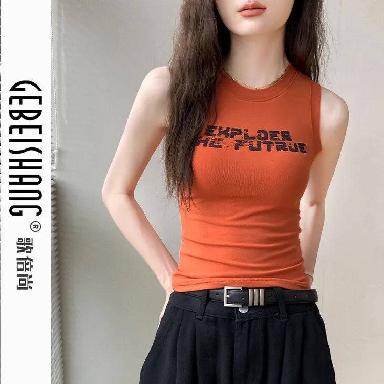 歌倍尚圆领无袖背心女2024夏季新款字母印花T恤辣妹设计感上衣潮