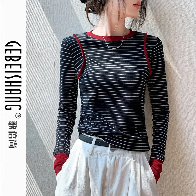 圆领红色条纹长袖内磨毛T恤女2024秋季新款打底修身别致内搭上衣
