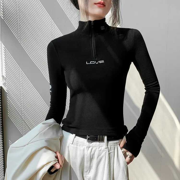 德绒套手指内搭打底衫女2024秋冬黑色修身拉链半高领外穿长袖T恤