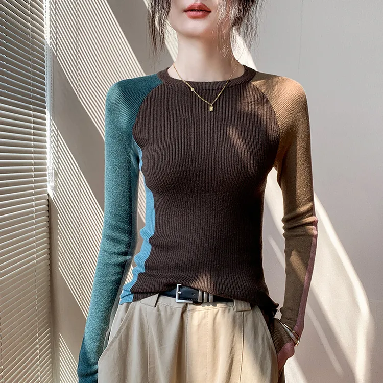 拼色圆领长袖针织衫女2024秋季新款修身显瘦设计感别致小众打底衫
