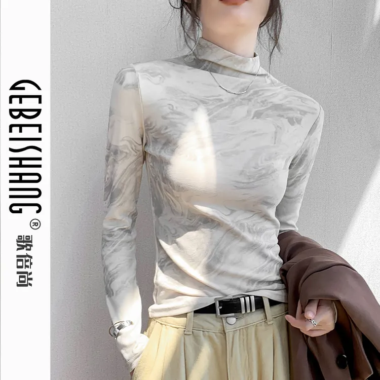 水墨画半高领长袖T恤女秋冬季新款设计感印花修身显瘦内搭打底衫