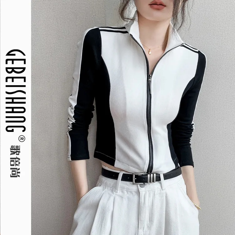 歌倍尚拉链款长袖立领T恤女2024秋季新款修身显瘦拼色设计感外套