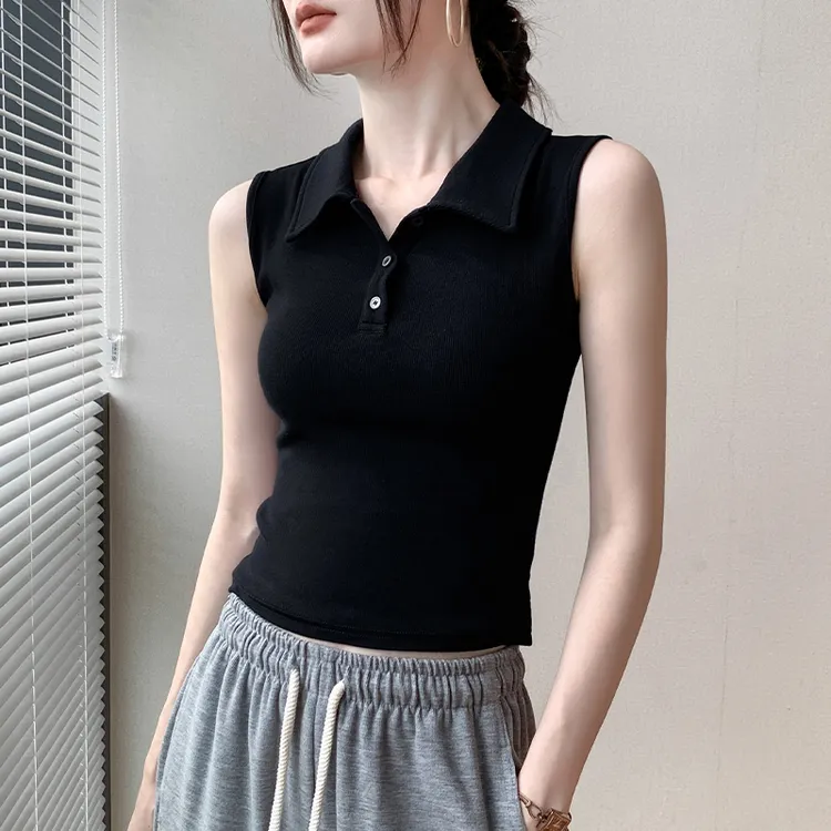 翻领黑色挂脖无袖背心女夏季设计感外穿新款修身显瘦内搭打底衫