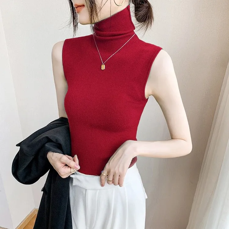 高领无袖打底衫女2023秋冬新款衬衫内搭上衣车厘子红羊毛针织背心