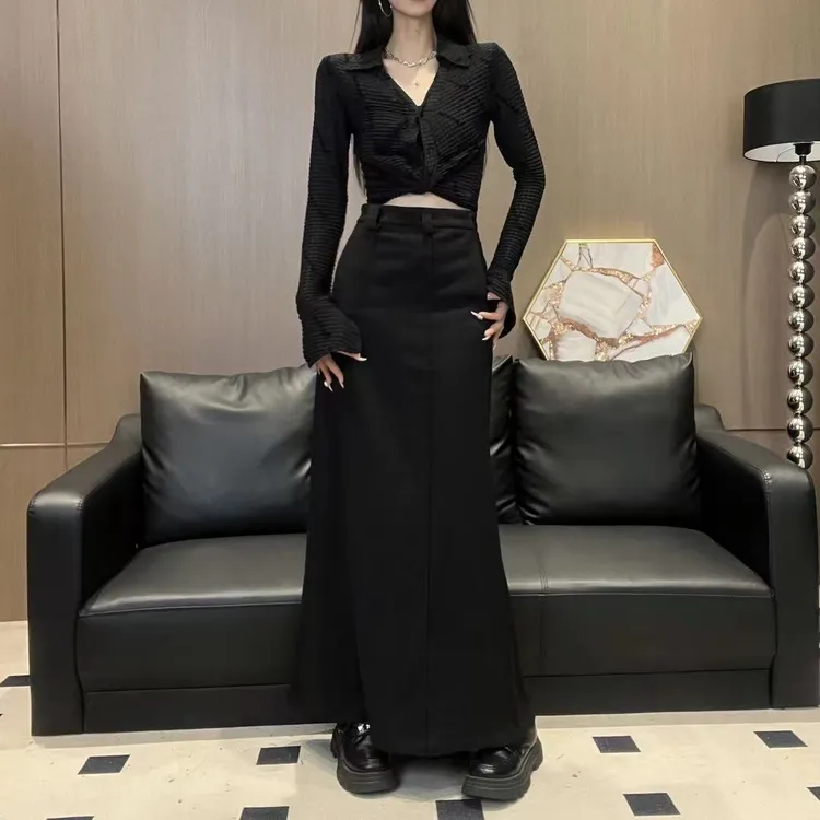 设计感前后两穿西装长裙女2025夏季新款时尚高腰包臀裙开叉a字裙
