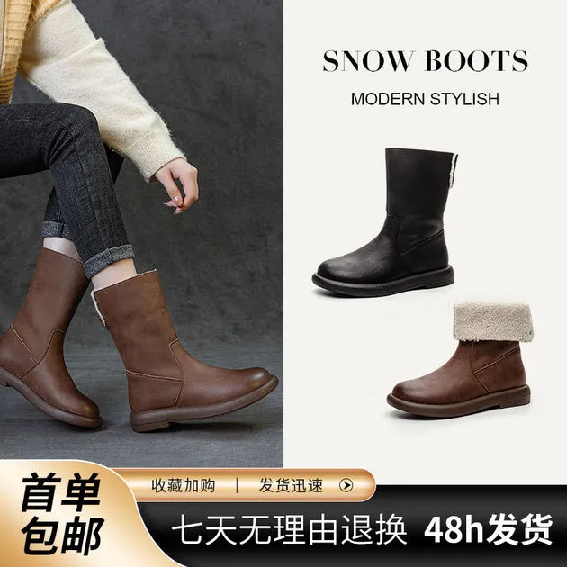 冬季复古百搭真皮雪地靴女韩版时尚加绒靴子两穿休闲黑色棉鞋批发