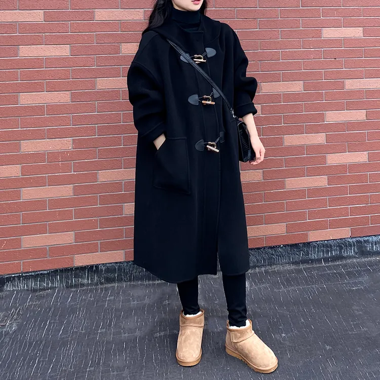 牛角扣双面呢大衣女中长款2025秋冬宽松赫本风黑色连帽羊毛呢外套