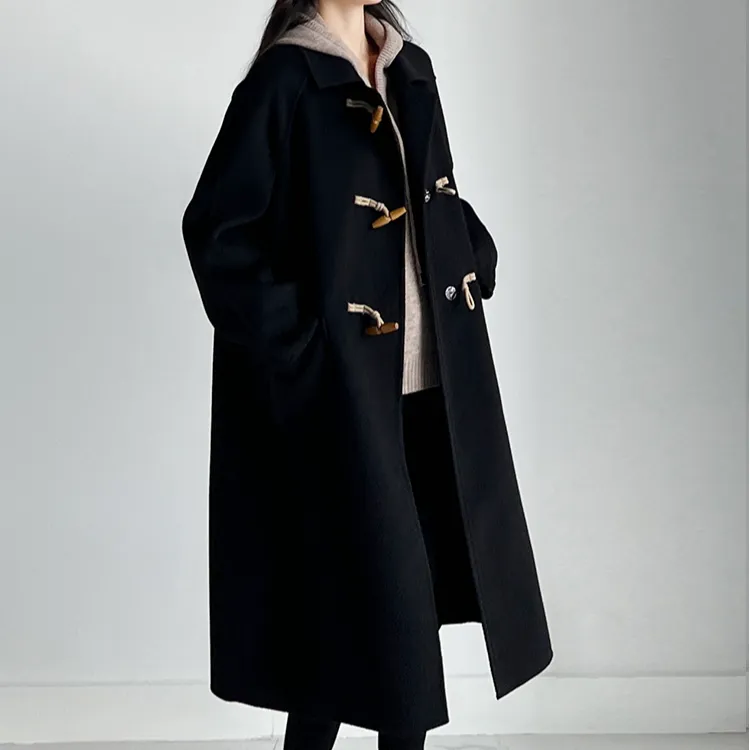 牛角扣双面呢大衣女中长款2025秋冬百搭显瘦黑色宽松纯羊毛呢外套