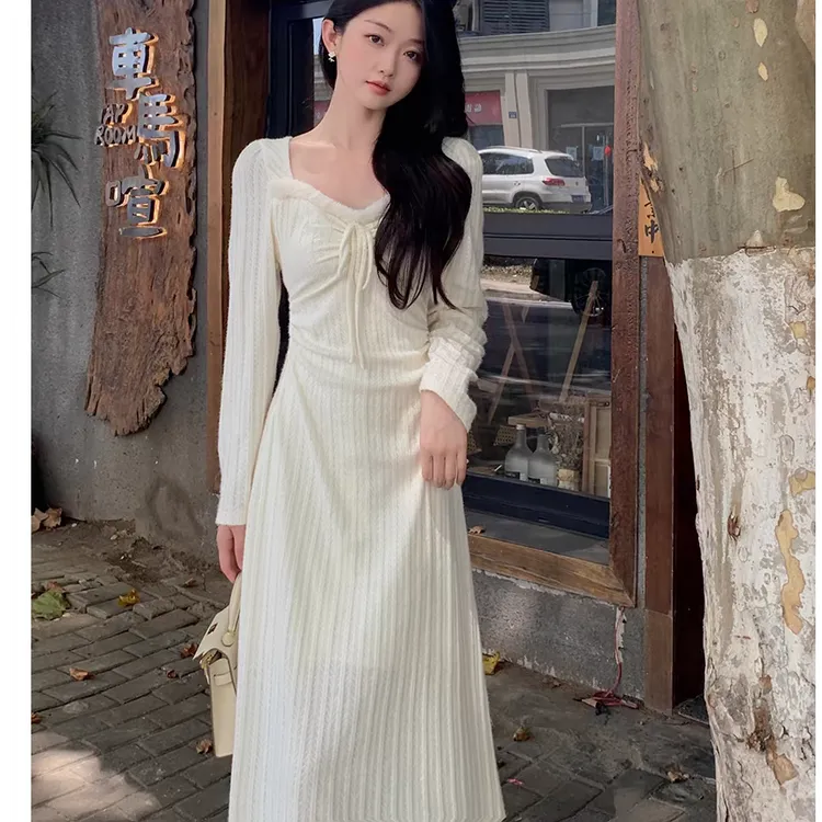 小个子气质温柔腰显瘦连衣裙女绑带内搭打底茶歇中长裙白色桔梗