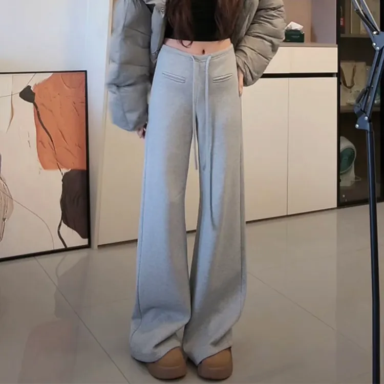 2025秋冬加绒灰色卫裤女宽松显瘦休闲直筒阔腿裤加厚运动拖地长裤