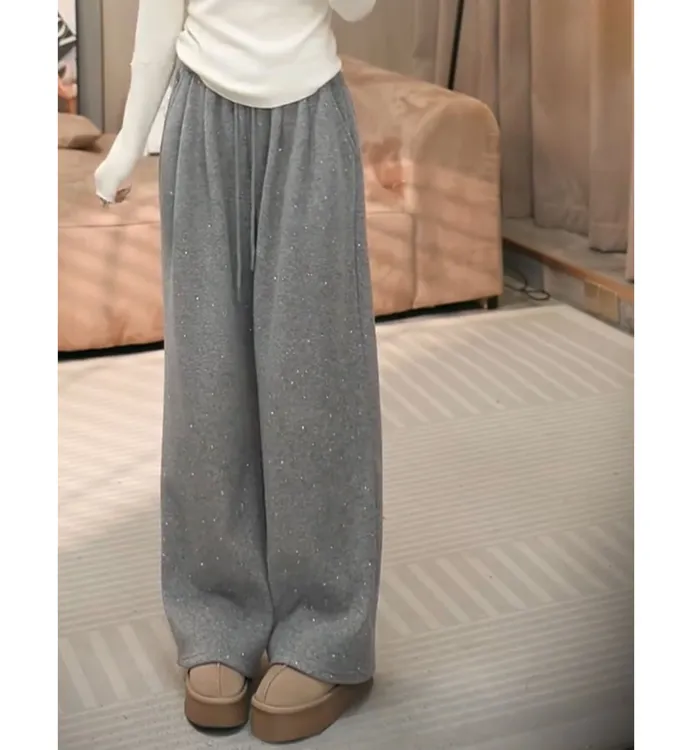冬季2025新款加绒加厚韩系温柔风直筒裤女高腰垂感宽松显瘦休闲裤