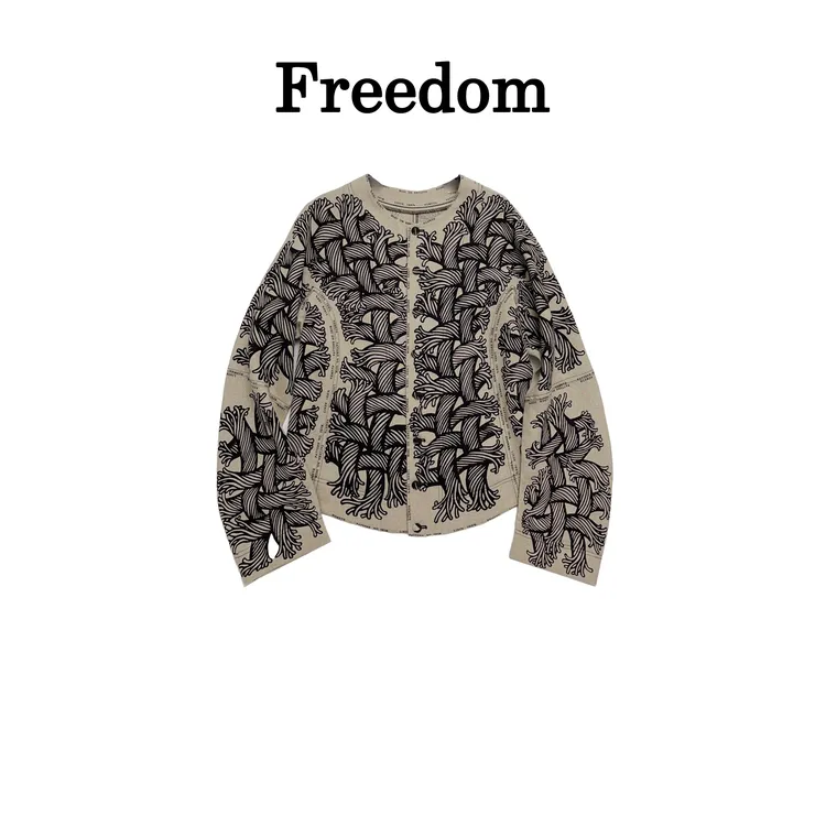 小众设计师款绳结麻料满印复古短款长袖上衣外套轻奢