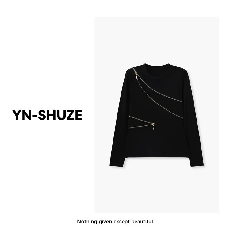YN-SHUZE【玛格丽特】设计感拉链切割圆领长袖上衣SZ-YNB-88305