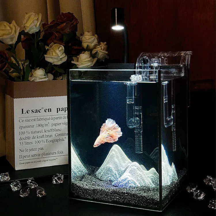 小型鱼缸网红斗鱼专用缸桌面高级创意造景超白玻璃斗鱼专用鱼缸