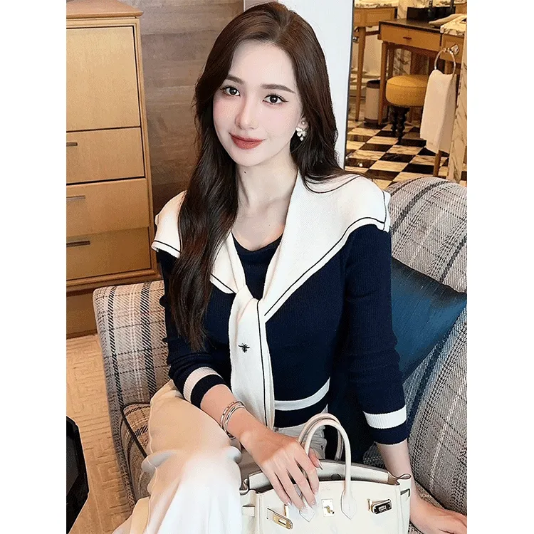 早秋高级感披肩假两件针织衫女2024新款春秋设计感小众长袖上衣女