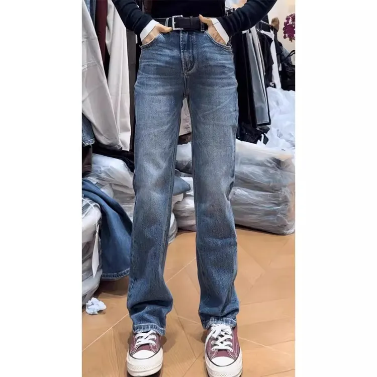 秋季新款蓝色高腰牛仔裤女大码胖mm显瘦修身直筒梨形身材裤子长裤