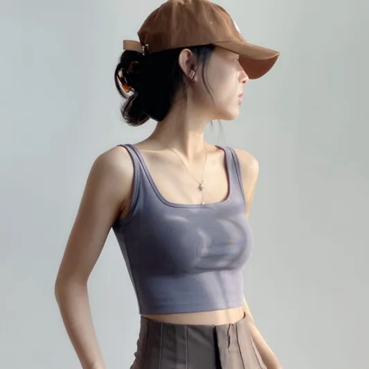 方领短款吊带背心女夏季修身带胸垫内搭文胸一体外穿白色打底上衣