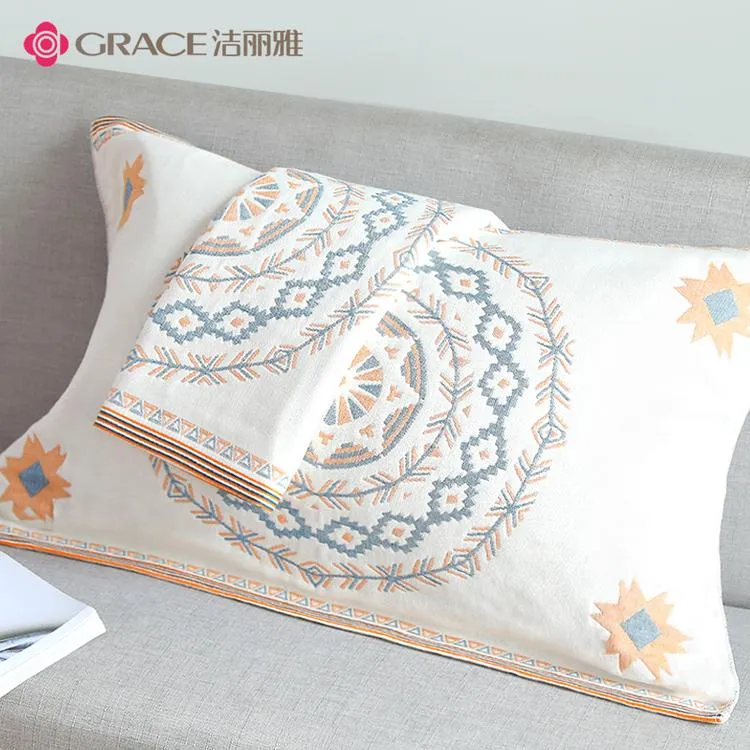 洁丽雅纯棉纱布枕巾双面防脱落透气家用防滑吸汗亲肤枕头巾一对装