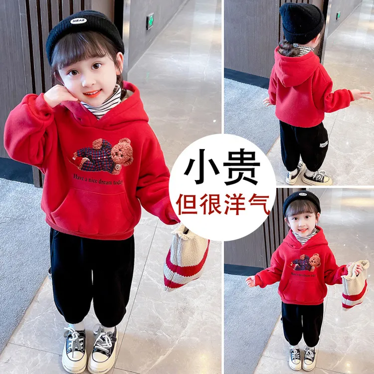 女童卫衣秋冬款加绒加厚2024新款儿童连帽套头卫衣女宝宝保暖上衣