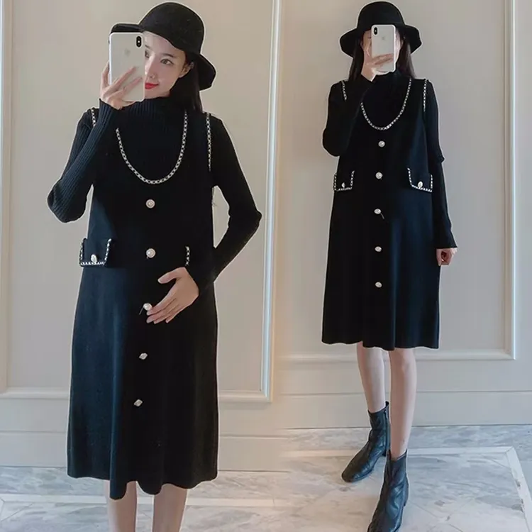 2024新款孕妇秋冬洋气减龄针织背心连衣裙小香风两件套装