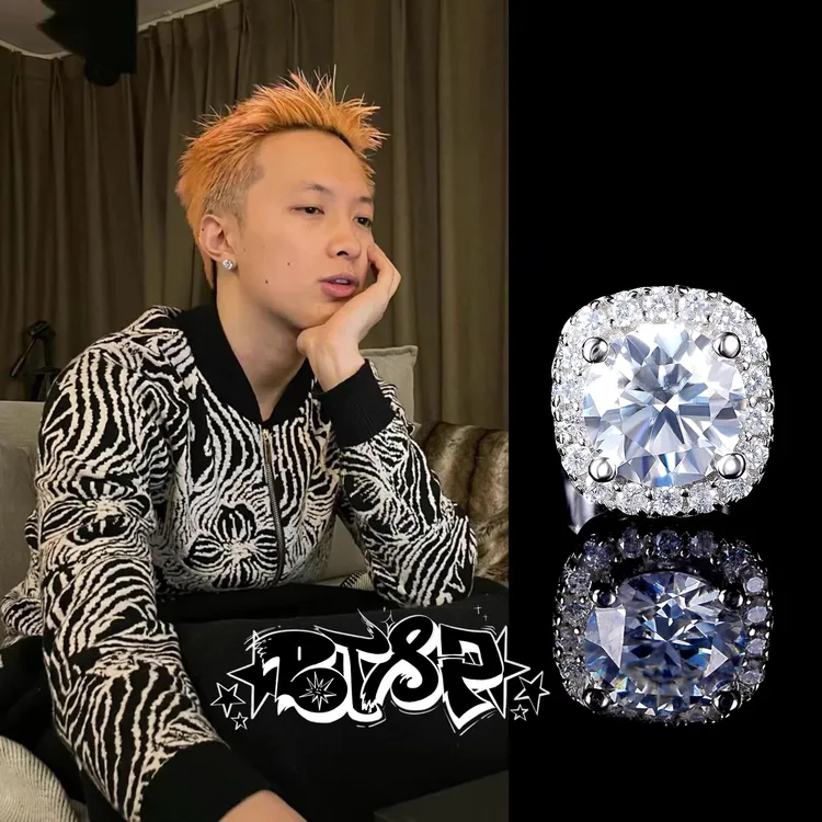 925银合成锆石耳饰 BTSP ASEN艾志恒同款方钻满钻嘻哈潮说唱耳钉