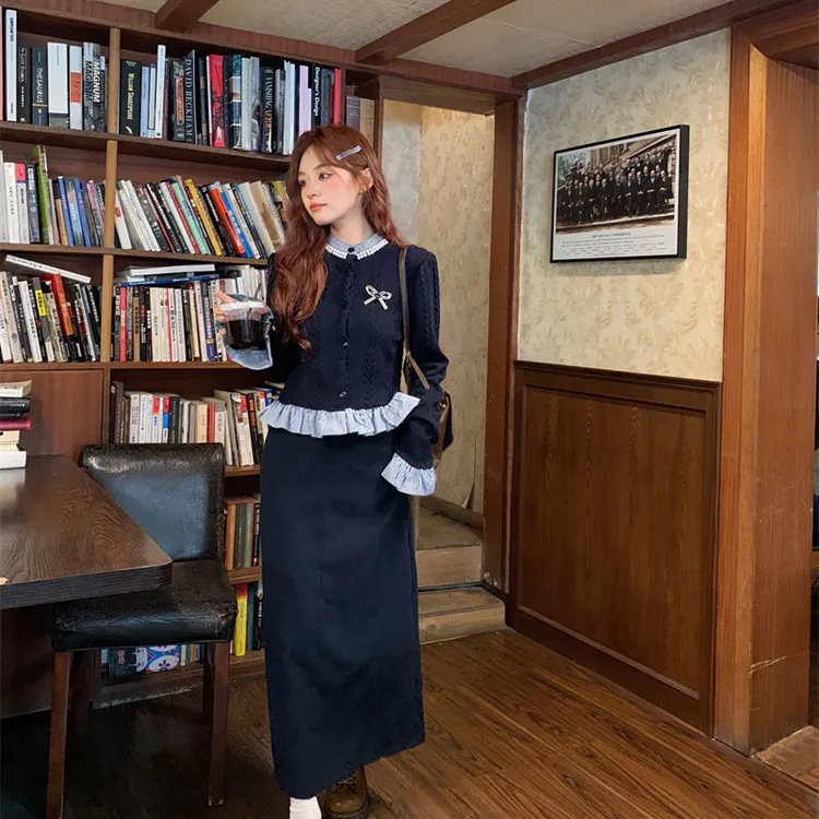 人群中一股清流 学院风小众假两件蝴蝶结长袖毛衣+半裙 两件套装