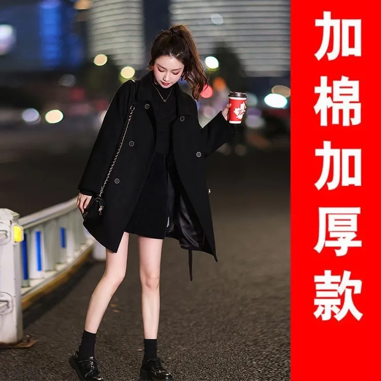 大码显瘦秋冬新款黑色呢子大衣女中长款气质夹棉加厚外套风衣
