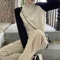 秋冬新款设计感撞色拼接半高领拉链套头毛衣女小个子针织衫