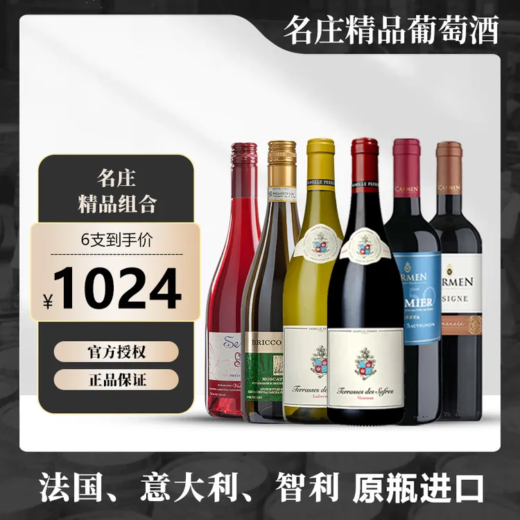 名庄精品组合法国智利意大利原瓶进口葡萄酒6支装干白干红甜酒