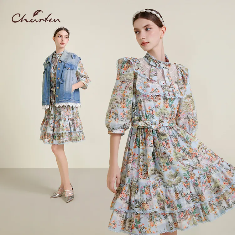 朝峰春季新款法式气质印花连衣裙CFE2E611-6013G