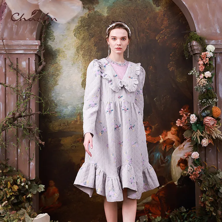 CHARFEN朝峰娃娃领翻领印花不规则裙摆连衣裙CFC3D153-160G