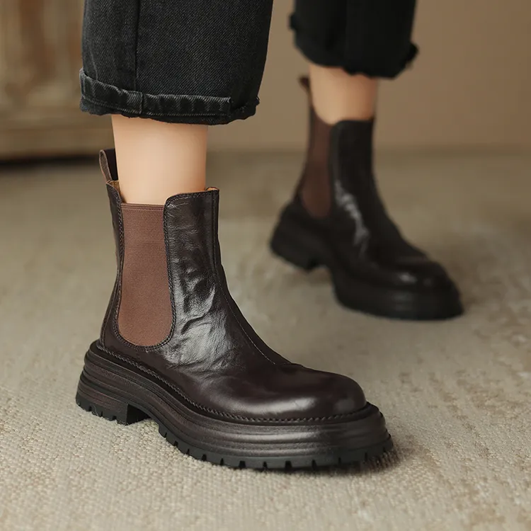 2025年新款春秋单靴女真皮英伦风切尔西靴小个子厚底平底冬季短靴