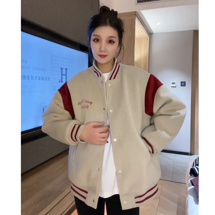 6818呢子棒球服加绒外套时尚百搭港风上衣女外套加厚棒球服女外套