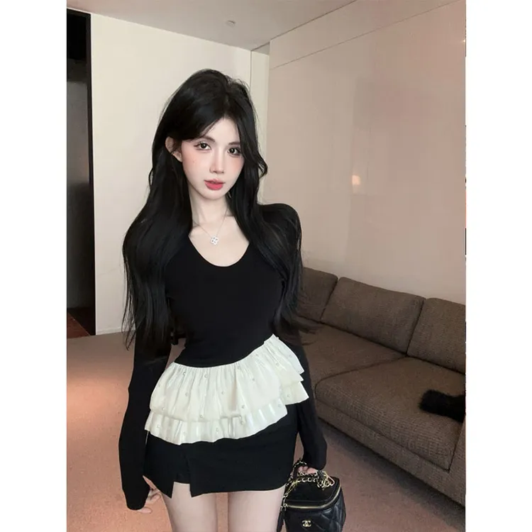 法式名媛气质珍珠双层裙摆绝美大圆领内搭打底衫百搭半身裙套装