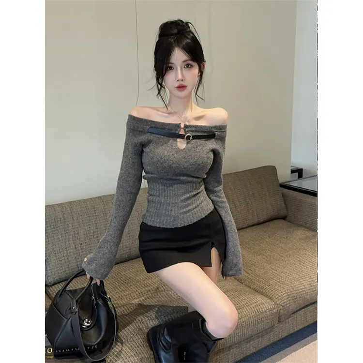纯欲辣妹一字肩上衣女秋冬针织打底衫高级感修身半身裙裤两件套