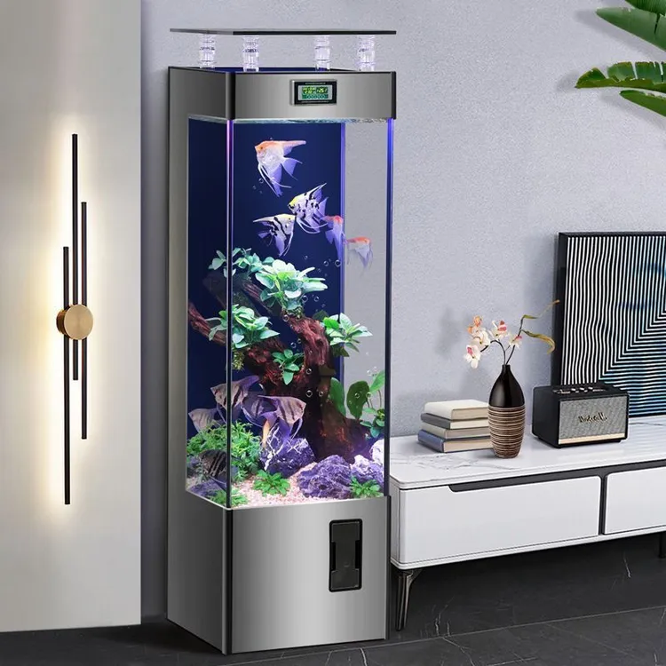 新款长筒方形落地式小型背过滤金鱼缸生态免换形水族箱客厅家用