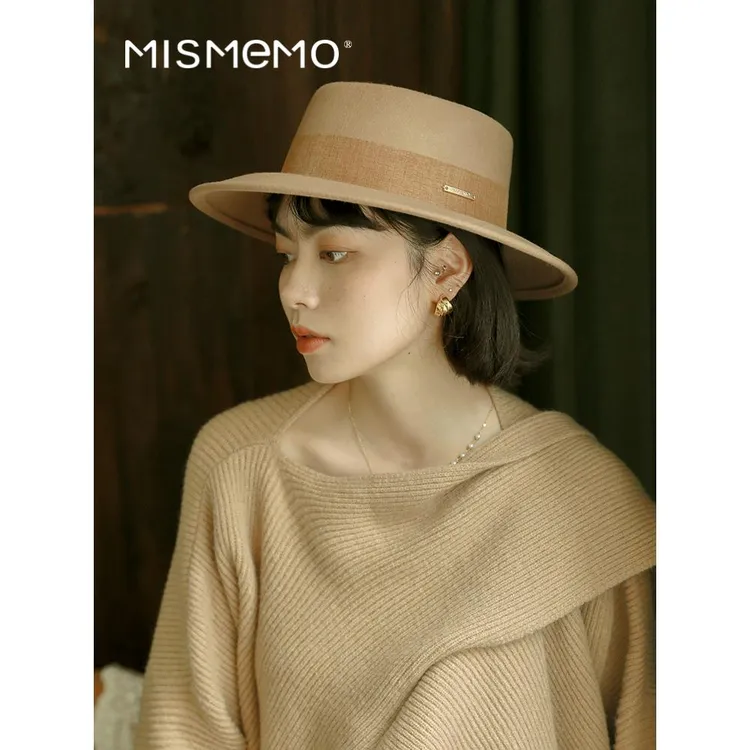 MISMEMO毛呢礼帽女秋冬法式复古平沿帽高级感宽檐羊毛毡帽爵士帽